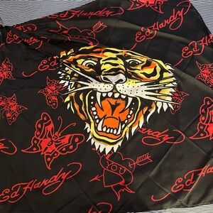 Ed Hardy Black Scarf with Large Tiger and Red Butterfly & Signature Print NWT